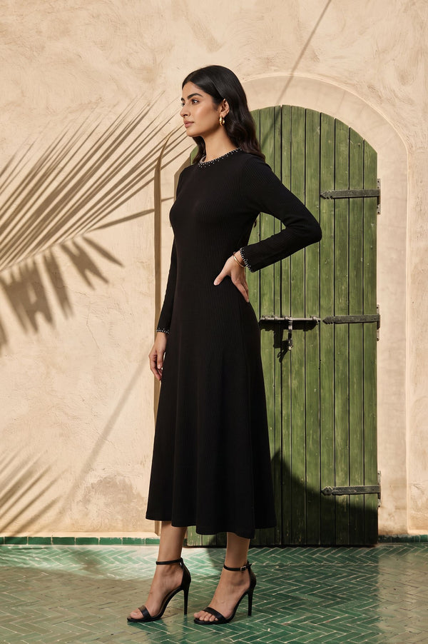 Black Yarn Dyed Embroidered A-line Winter Dress