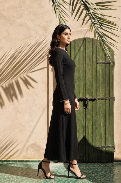 Black Yarn Dyed Embroidered A-line Winter Dress