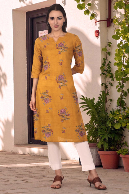Mustard Yellow Swiss Dot Textured Cotton Straight Kurta