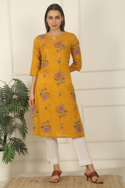 Mustard Yellow Swiss Dot Textured Cotton Straight Kurta