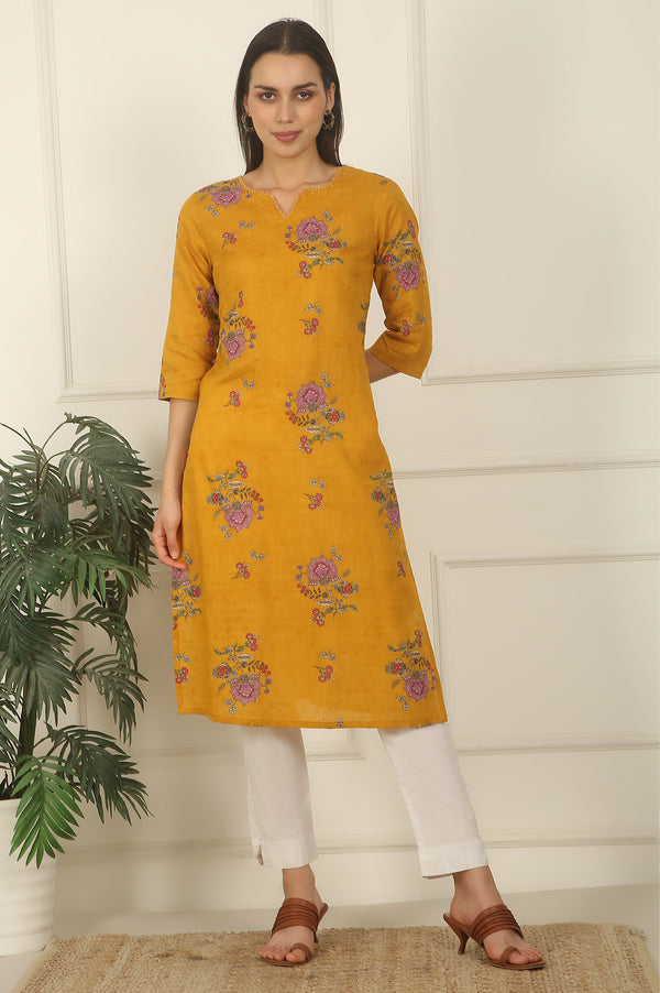 Mustard Yellow Swiss Dot Textured Cotton Straight Kurta