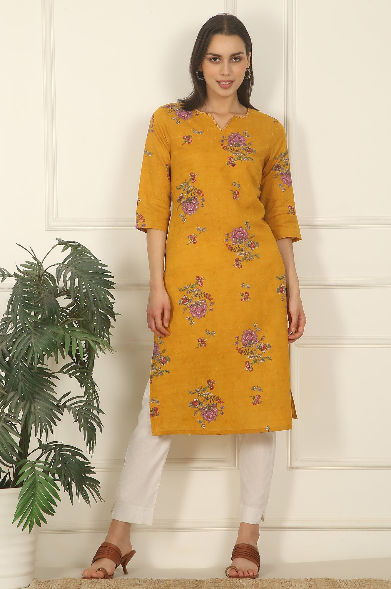 Mustard Yellow Swiss Dot Textured Cotton Straight Kurta