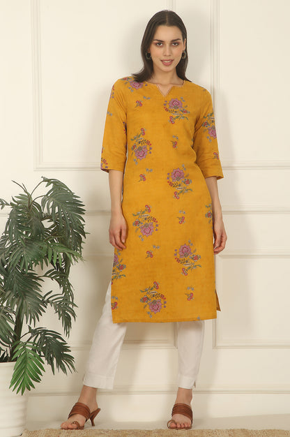 Mustard Yellow Swiss Dot Textured Cotton Straight Kurta