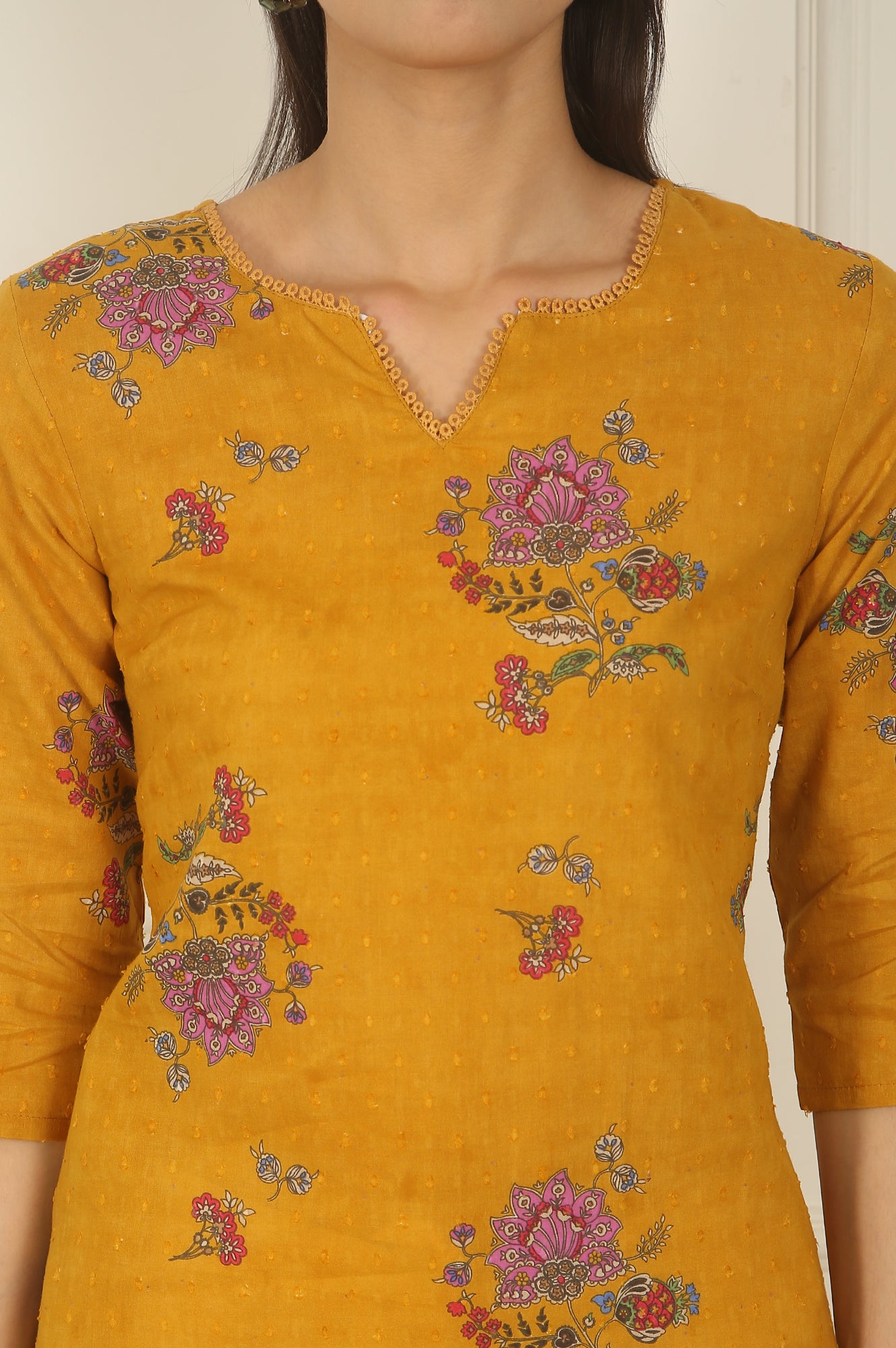 Mustard Yellow Swiss Dot Textured Cotton Straight Kurta