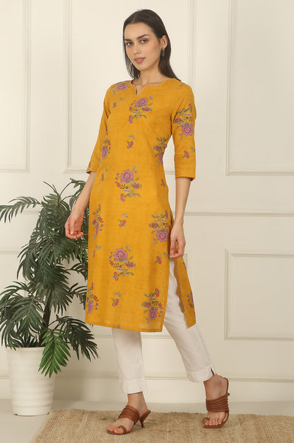 Mustard Yellow Swiss Dot Textured Cotton Straight Kurta