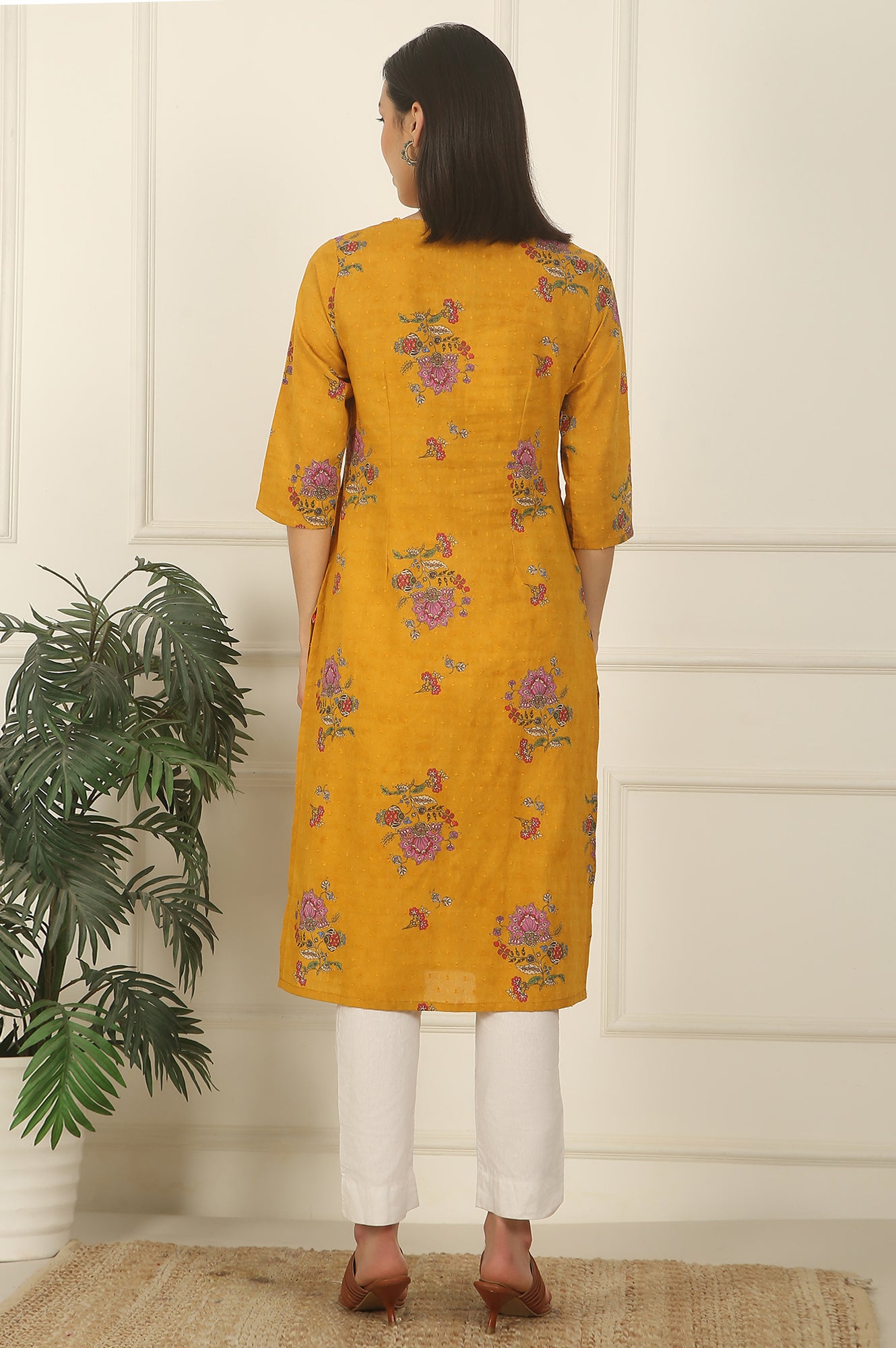 Mustard Yellow Swiss Dot Textured Cotton Straight Kurta
