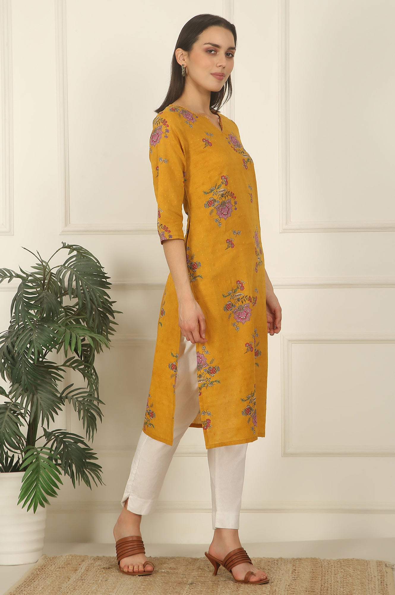 Mustard Yellow Swiss Dot Textured Cotton Straight Kurta