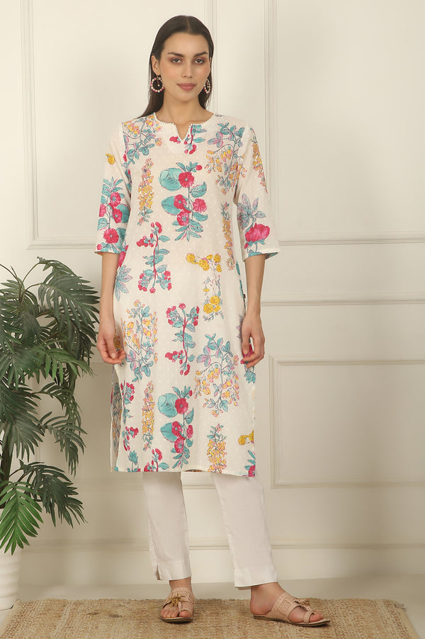 White Floral Printed Textured Cotton Straight Summer Kurta