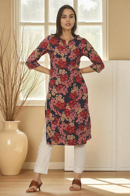 Navy Blue Floral Printed Textured Cotton Straight Summer Kurta