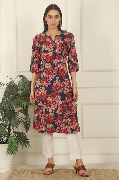 Navy Blue Floral Printed Textured Cotton Straight Summer Kurta