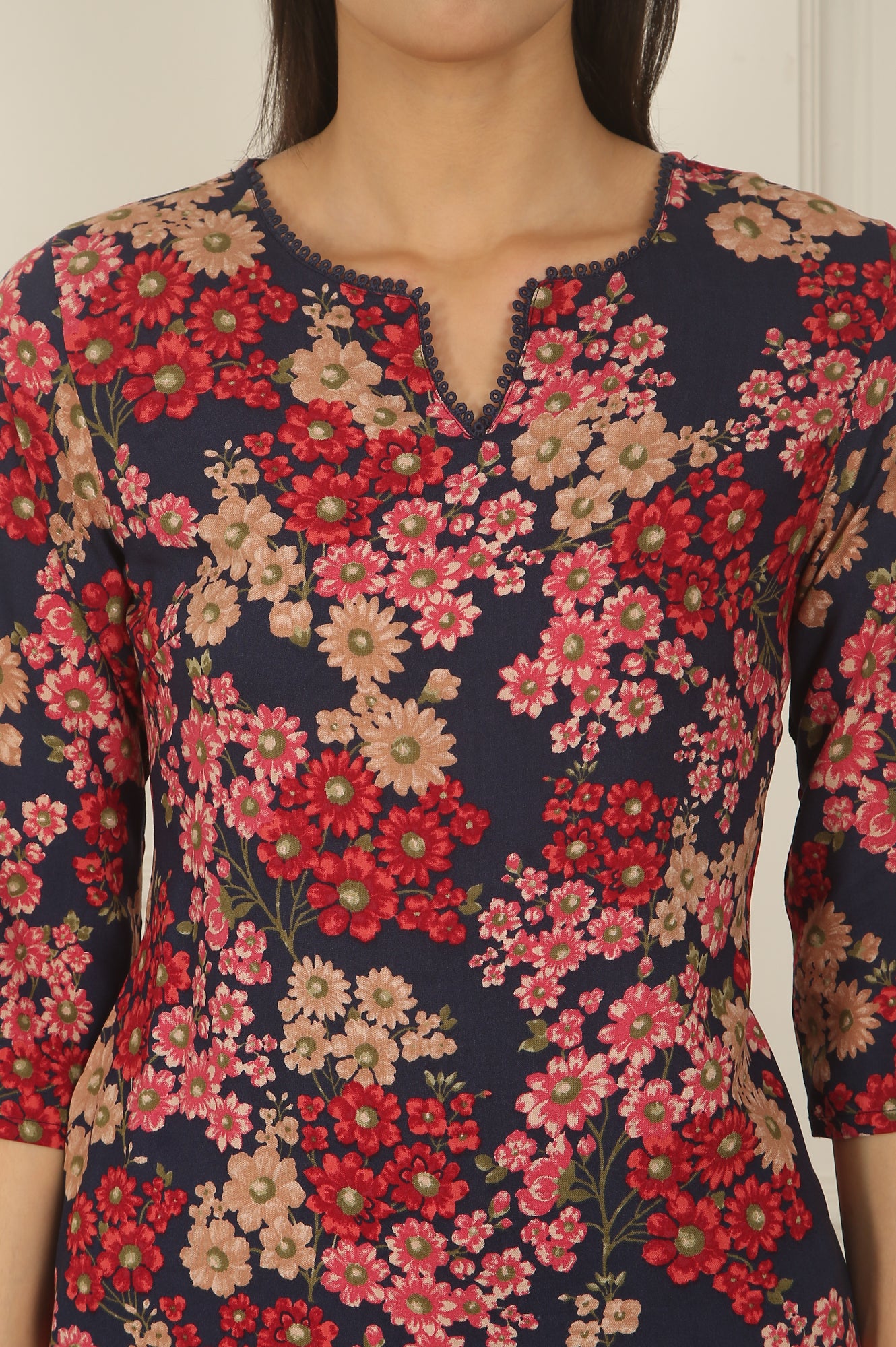 Navy Blue Floral Printed Textured Cotton Straight Summer Kurta