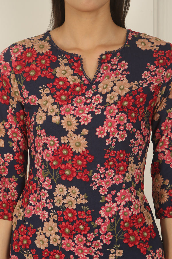 Navy Blue Floral Printed Textured Cotton Straight Summer Kurta