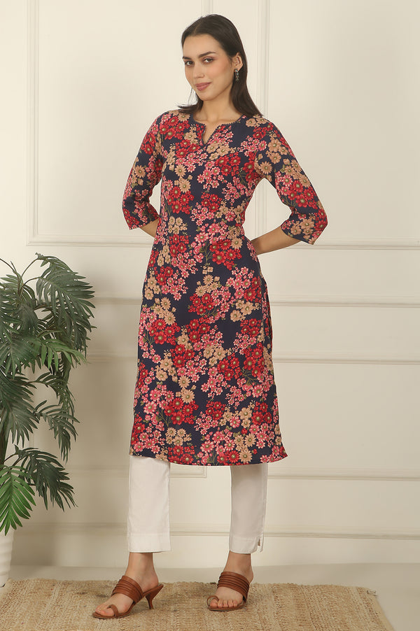 Navy Blue Floral Printed Textured Cotton Straight Summer Kurta