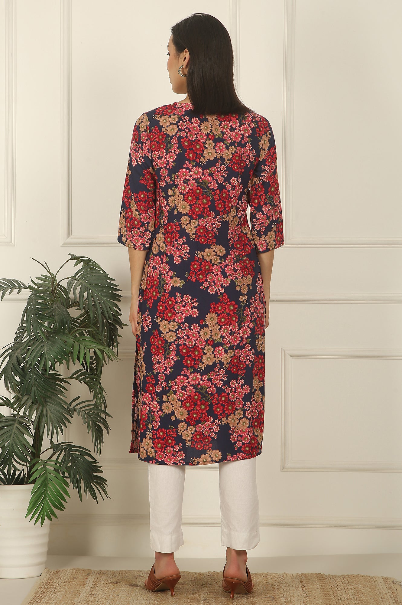 Navy Blue Floral Printed Textured Cotton Straight Summer Kurta