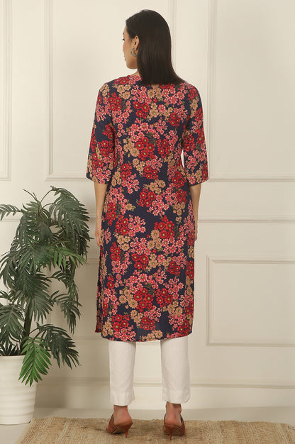 Navy Blue Floral Printed Textured Cotton Straight Summer Kurta