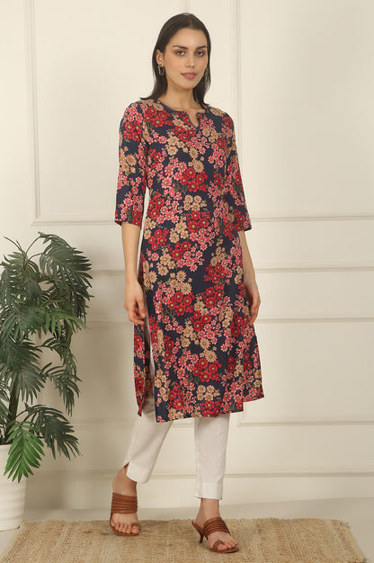 Navy Blue Floral Printed Textured Cotton Straight Summer Kurta