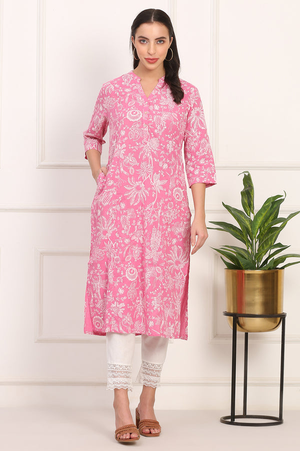 Pink Floral Printed Lurex-Embellished Straight Cotton Lurex Kurta