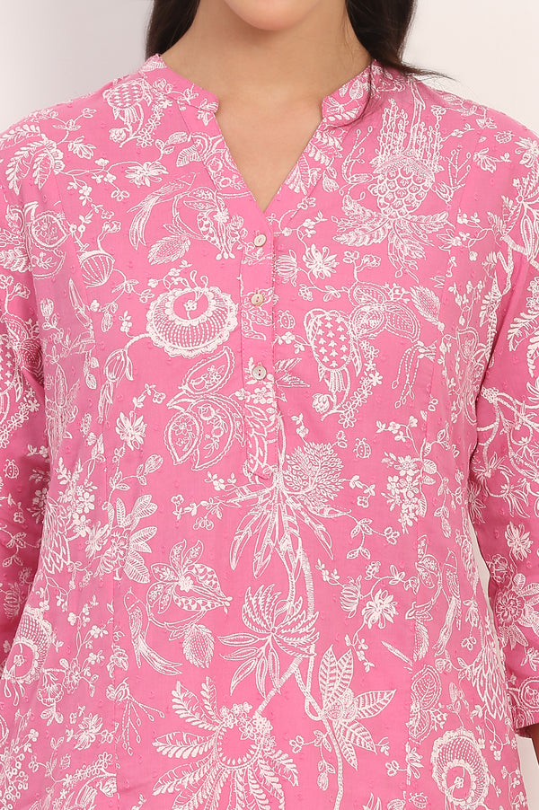 Pink Floral Printed Lurex-Embellished Straight Cotton Lurex Kurta