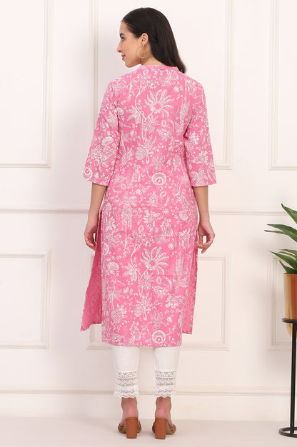 Pink Floral Printed Lurex-Embellished Straight Cotton Lurex Kurta