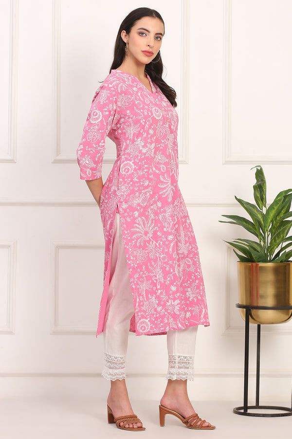 Pink Floral Printed Lurex-Embellished Straight Cotton Lurex Kurta