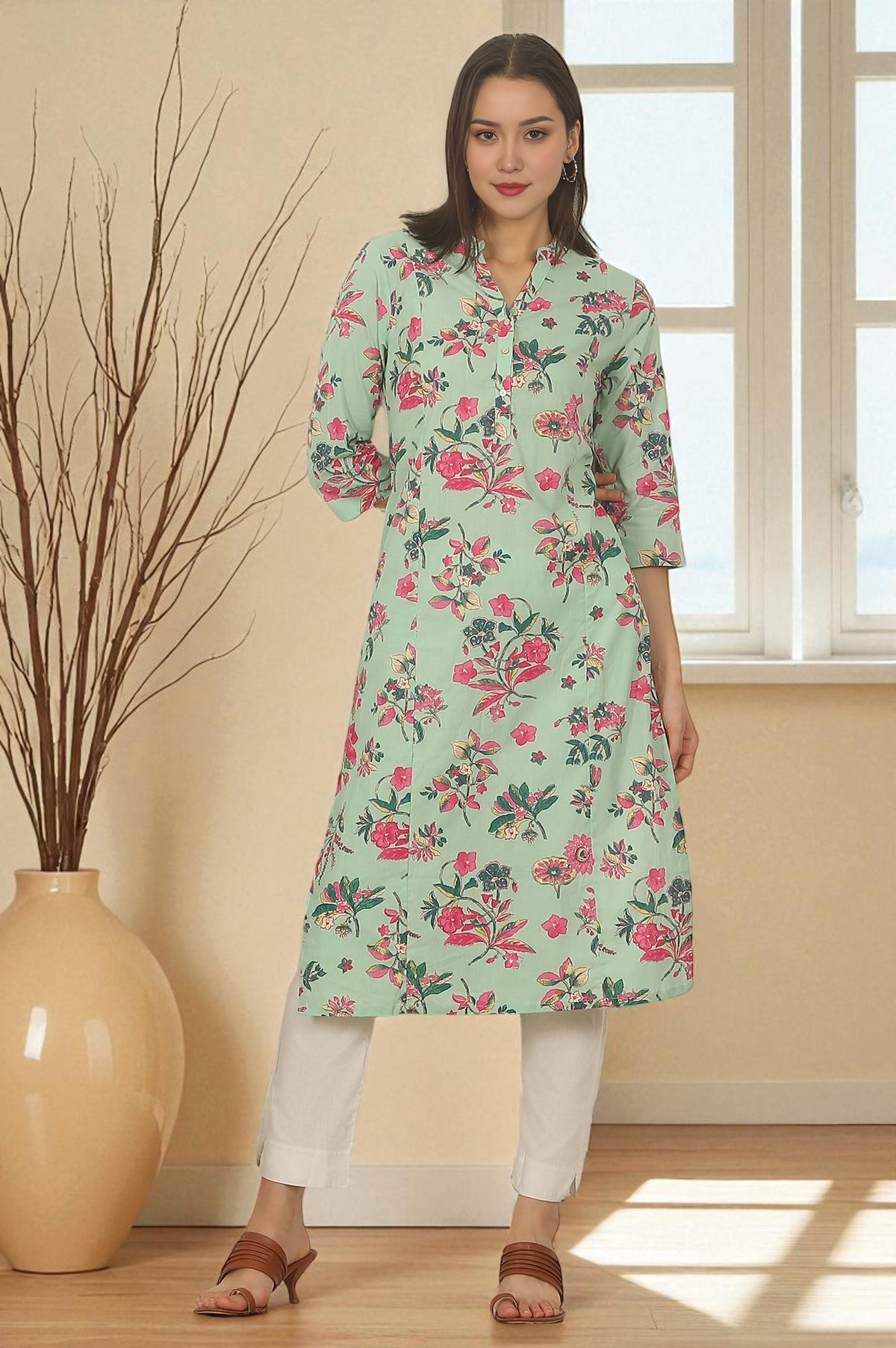 Mint Green Floral Printed Cotton Straight Kurta - XS