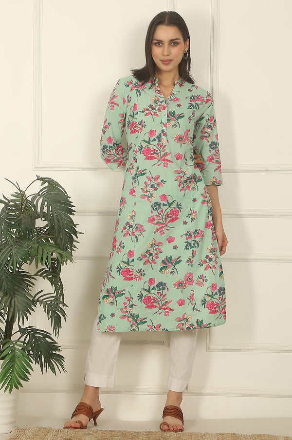 Mint Green Floral Printed Cotton Straight Kurta