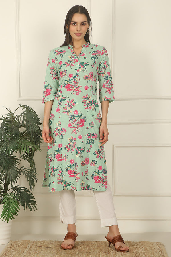 Mint Green Floral Printed Cotton Straight Kurta