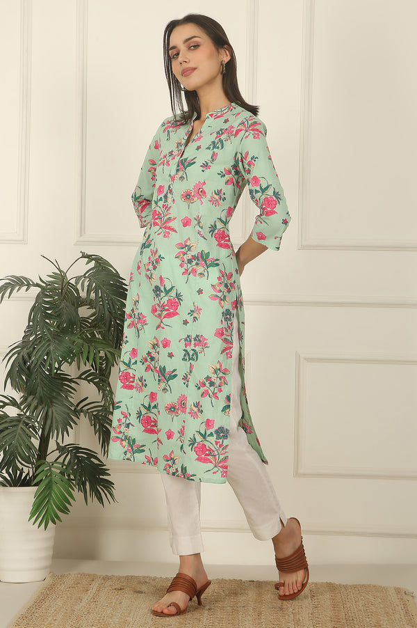 Mint Green Floral Printed Cotton Straight Kurta