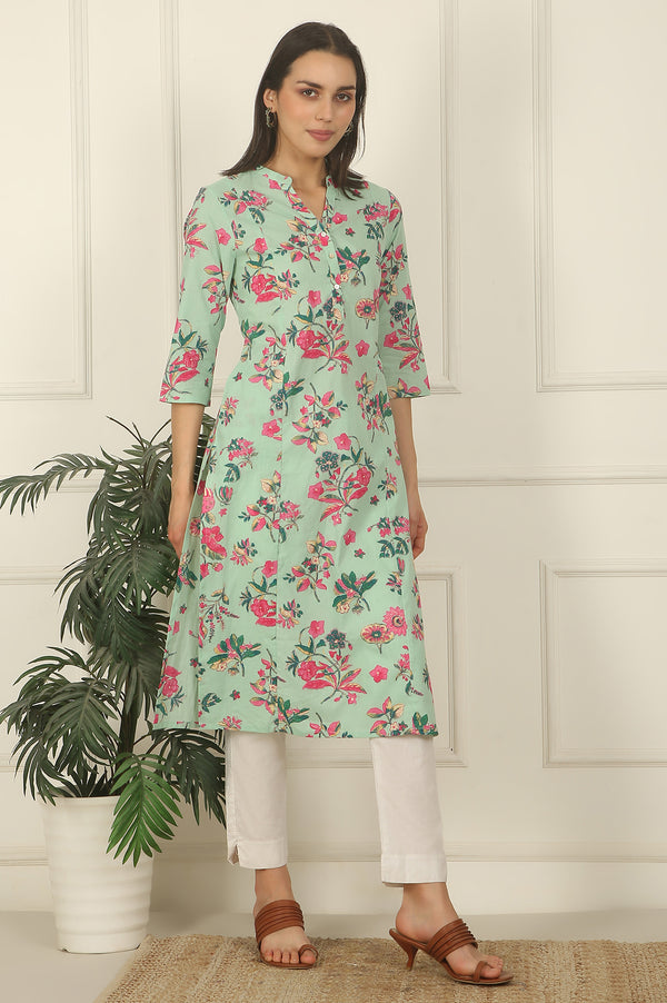 Mint Green Floral Printed Cotton Straight Kurta