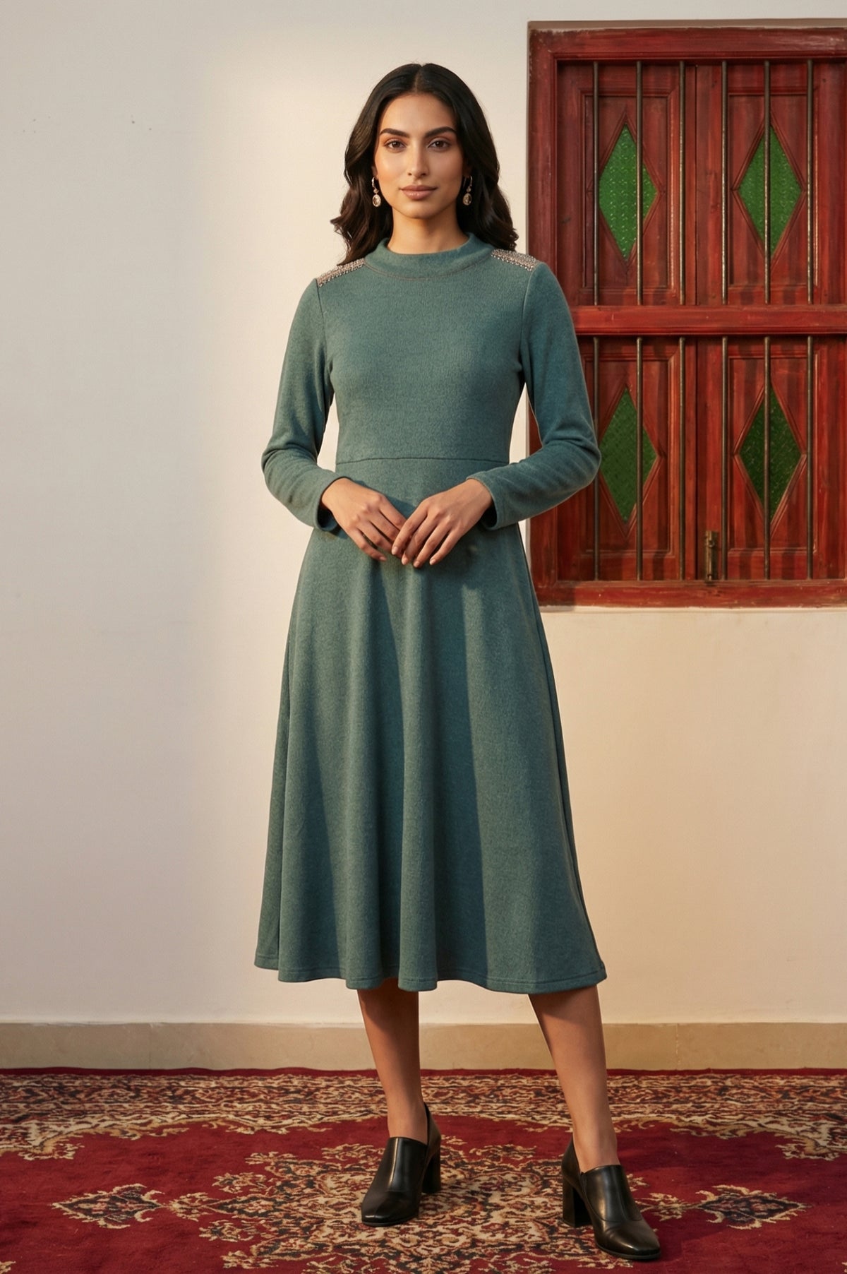 Teal Solid Beadwork Flared Winter Dress - XS