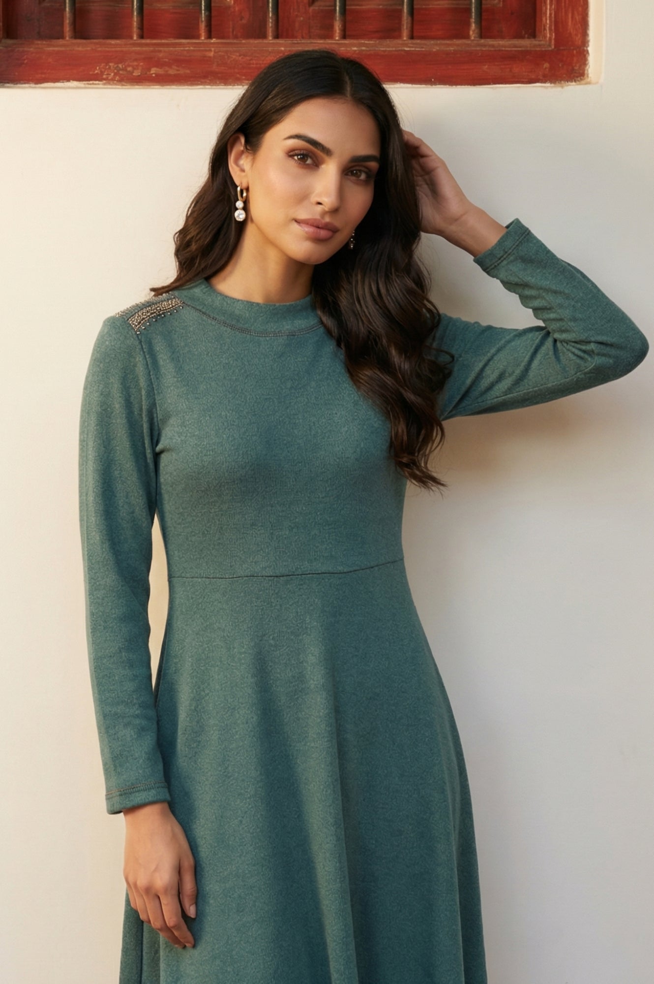 Teal Solid Beadwork Flared Winter Dress