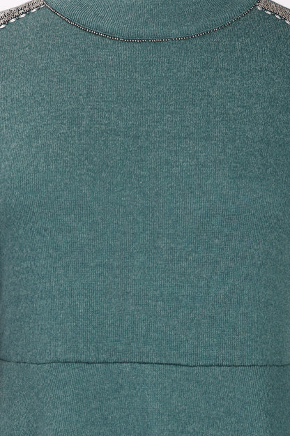 Teal Solid Beadwork Flared Winter Dress