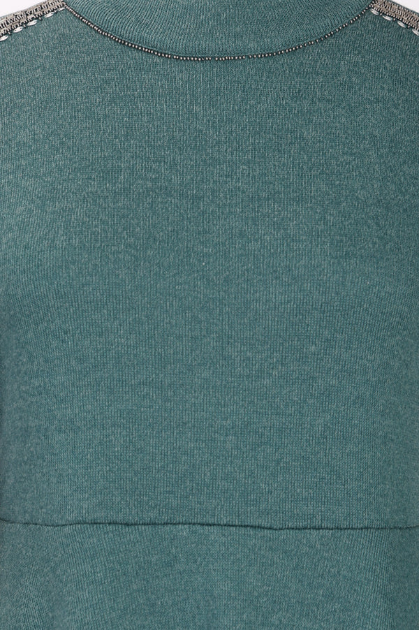 Teal Solid Beadwork Flared Winter Dress