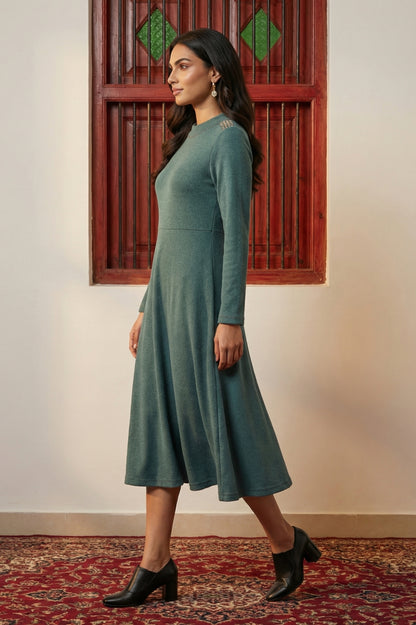 Teal Solid Beadwork Flared Winter Dress