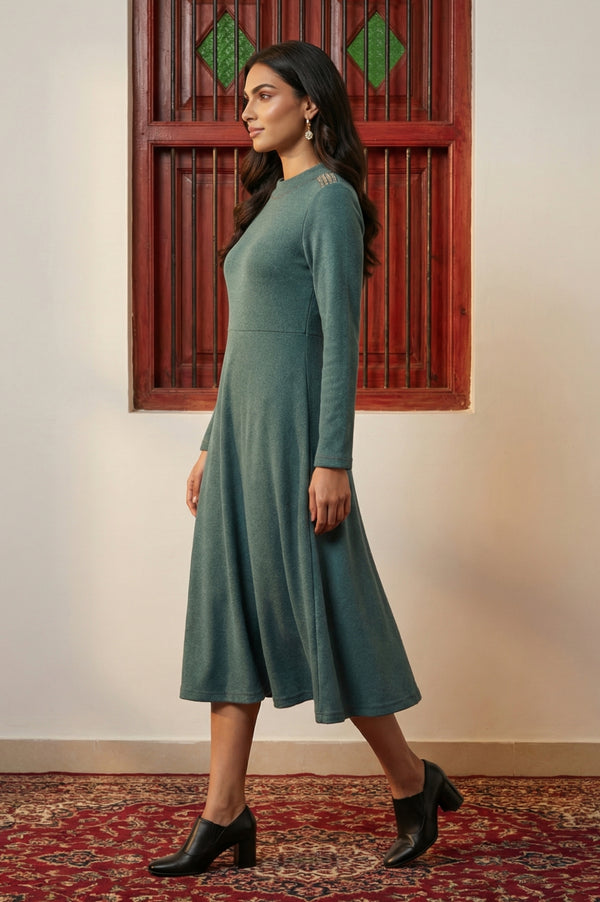 Teal Solid Beadwork Flared Winter Dress