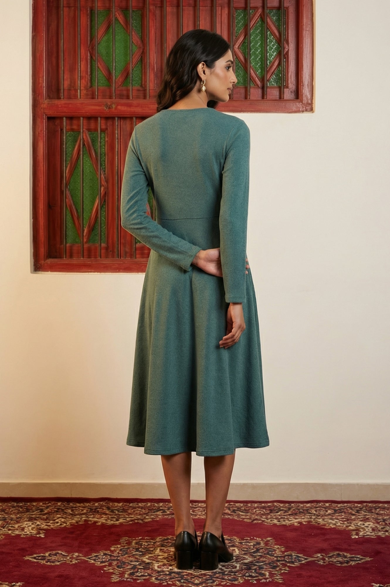 Teal Solid Beadwork Flared Winter Dress