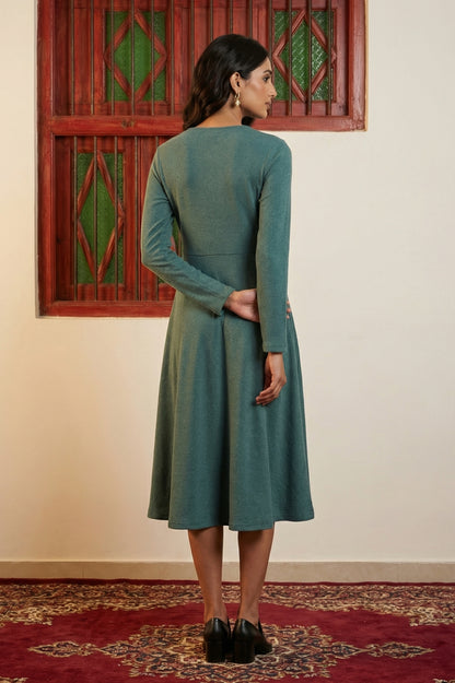 Teal Solid Beadwork Flared Winter Dress