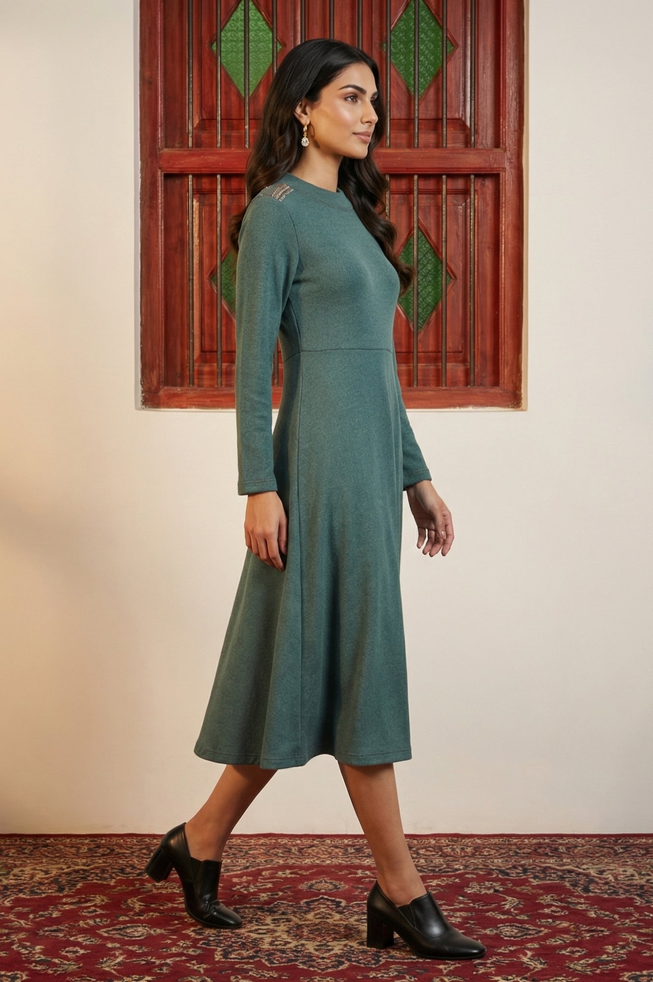 Teal Solid Beadwork Flared Winter Dress