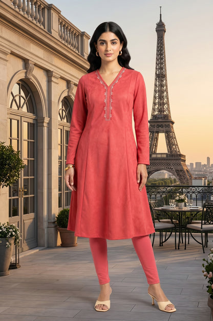 Coral Embroidered Suede Flared Kurta