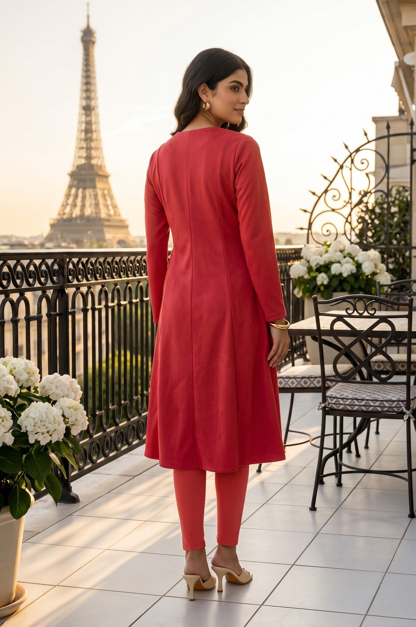 Coral Embroidered Suede Flared Kurta