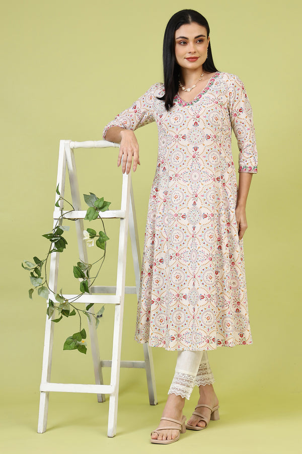 Off-White Geometric Floral Printed Pure Cotton Flared Kurta