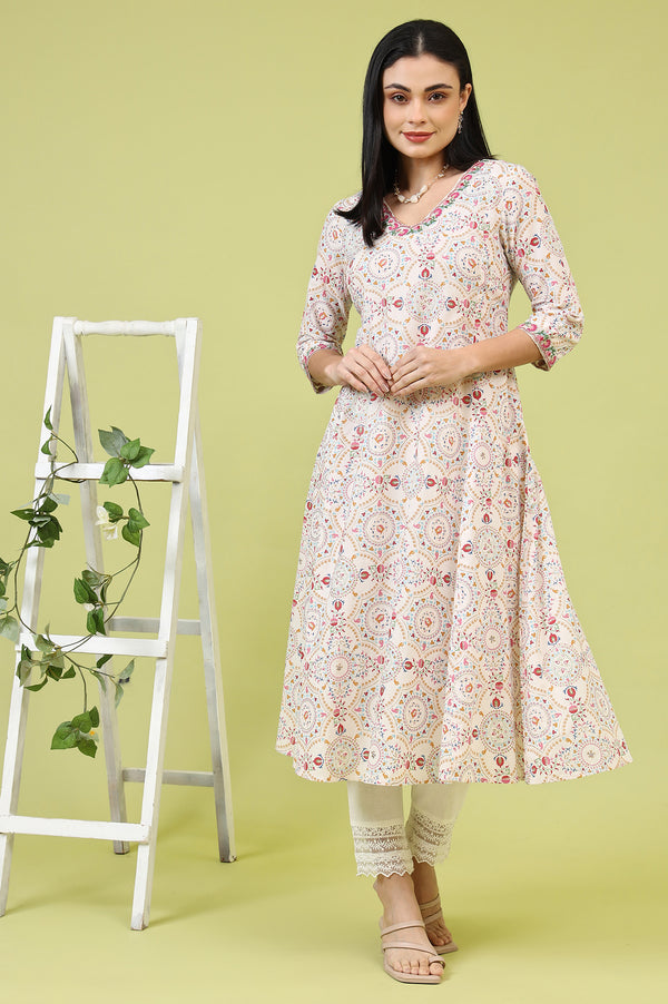 Off-White Geometric Floral Printed Pure Cotton Flared Kurta