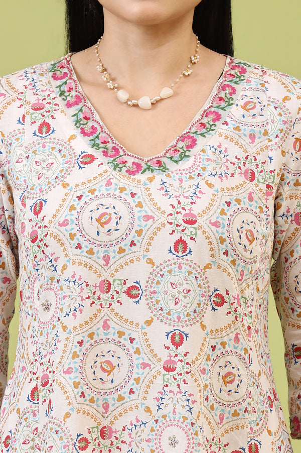 Off-White Geometric Floral Printed Pure Cotton Flared Kurta