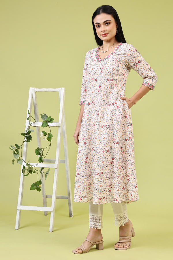Off-White Geometric Floral Printed Pure Cotton Flared Kurta