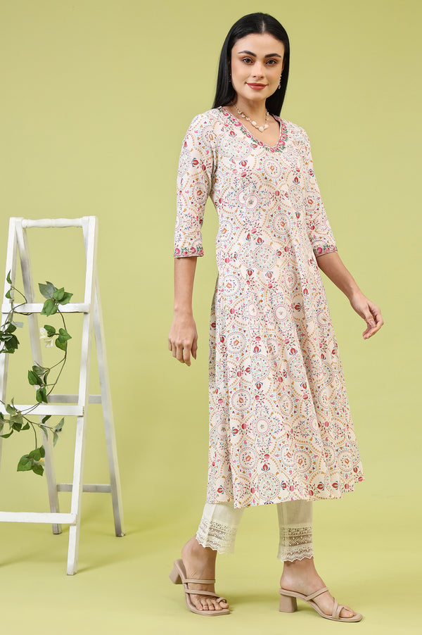Off-White Geometric Floral Printed Pure Cotton Flared Kurta