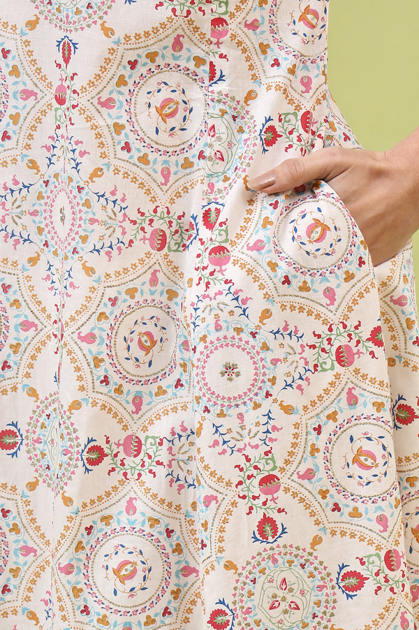 Off-White Geometric Floral Printed Pure Cotton Flared Kurta