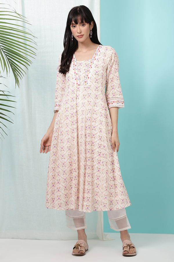 White Floral Printed Pure Cotton A-line Kurta with Embroidery
