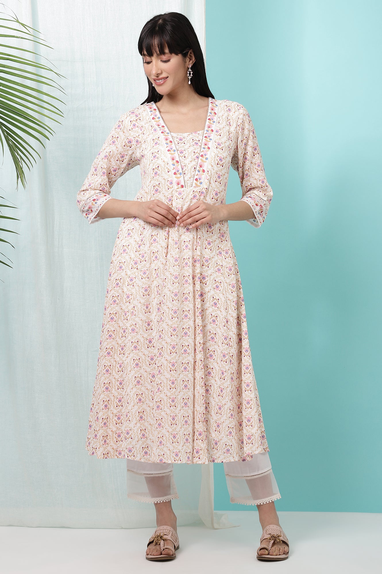 White Floral Printed Pure Cotton A-line Kurta with Embroidery