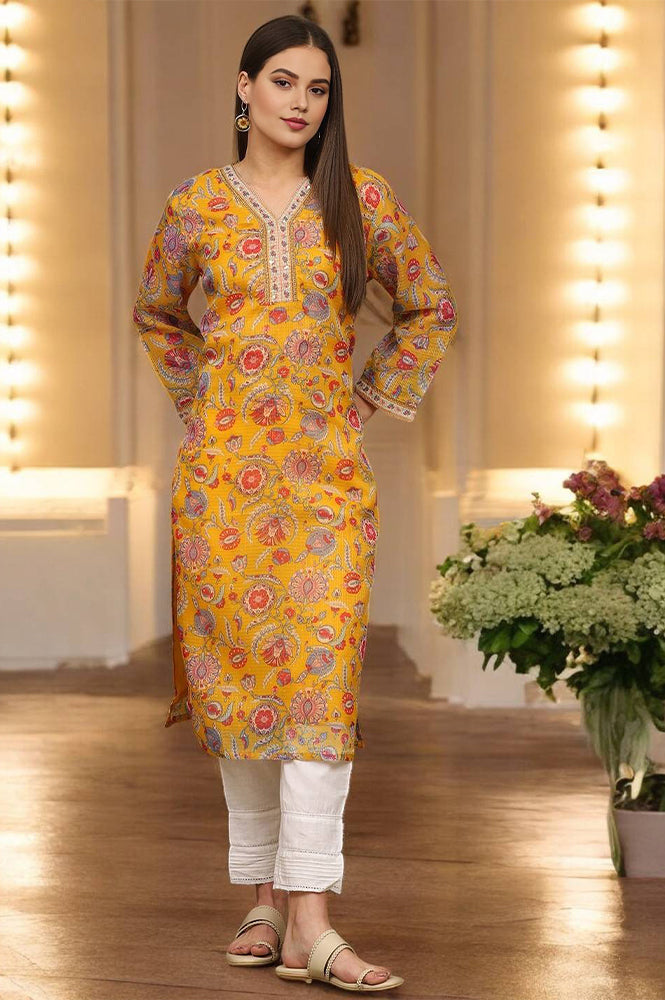 Yellow Floral Printed Straight Kota Kurta - XS