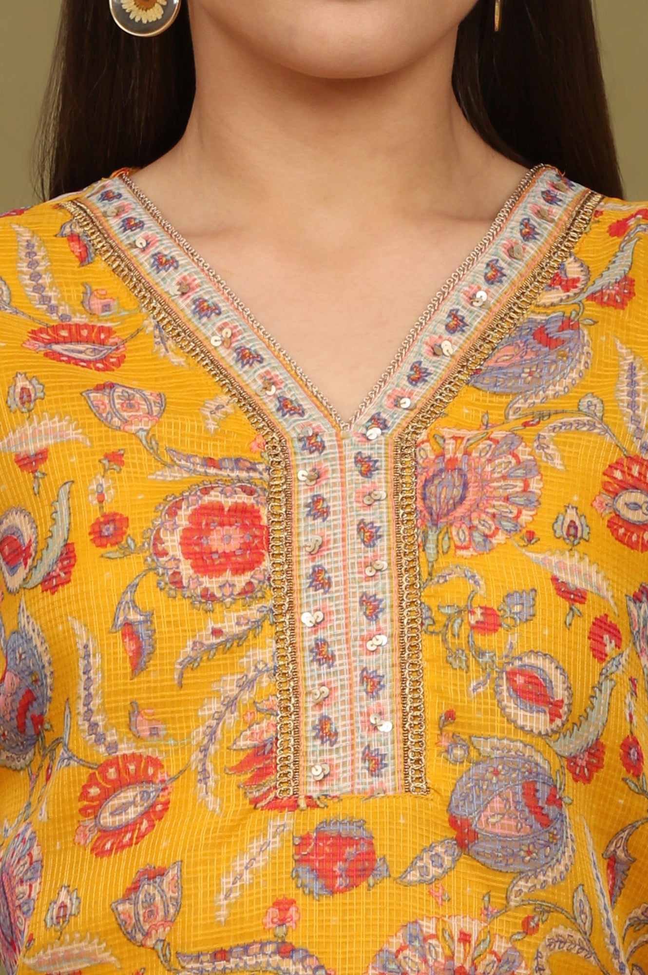 Yellow Floral Printed Straight Kota Kurta
